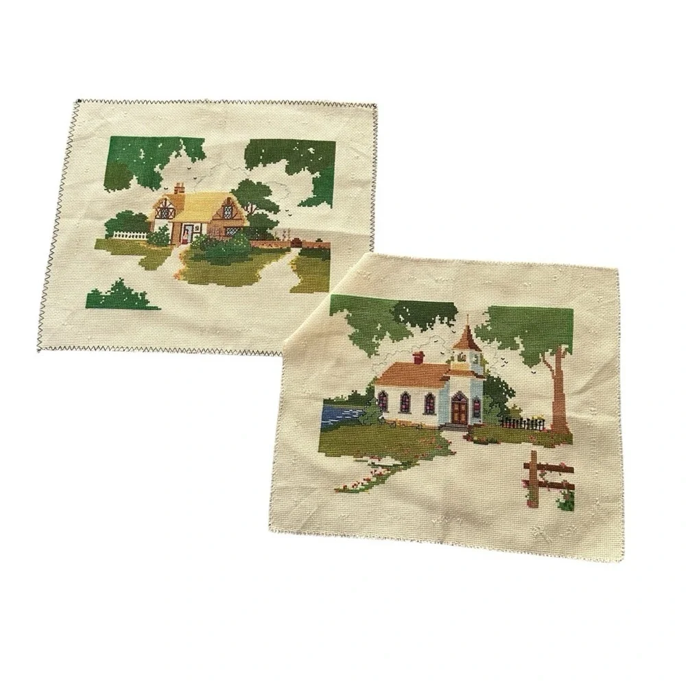Cross Stitch Charming Cottage Country Church Cottagecore Gift Handmade 8 x 10